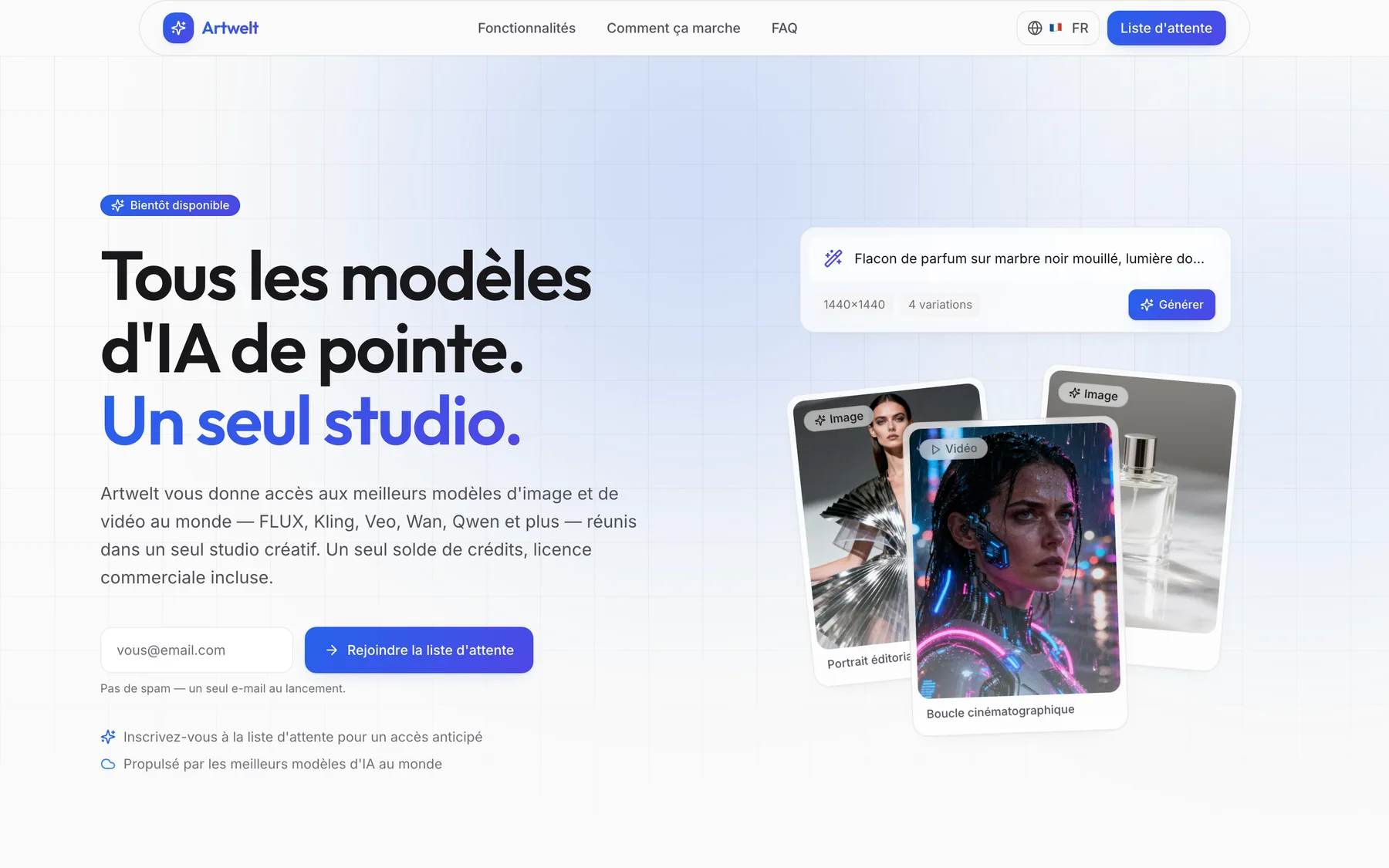 Artwelt : le studio — une ligne de prompt, le format, le nombre de variations, et les résultats générés.